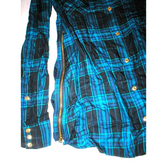 New Womens Designer True Religion S Plaid Top Logo Black Aqua Blue NWT Tunic Zip - Picture 5 of 7